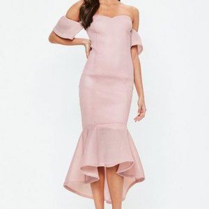 MISSGUIDED pink bardot fishtail midi dress